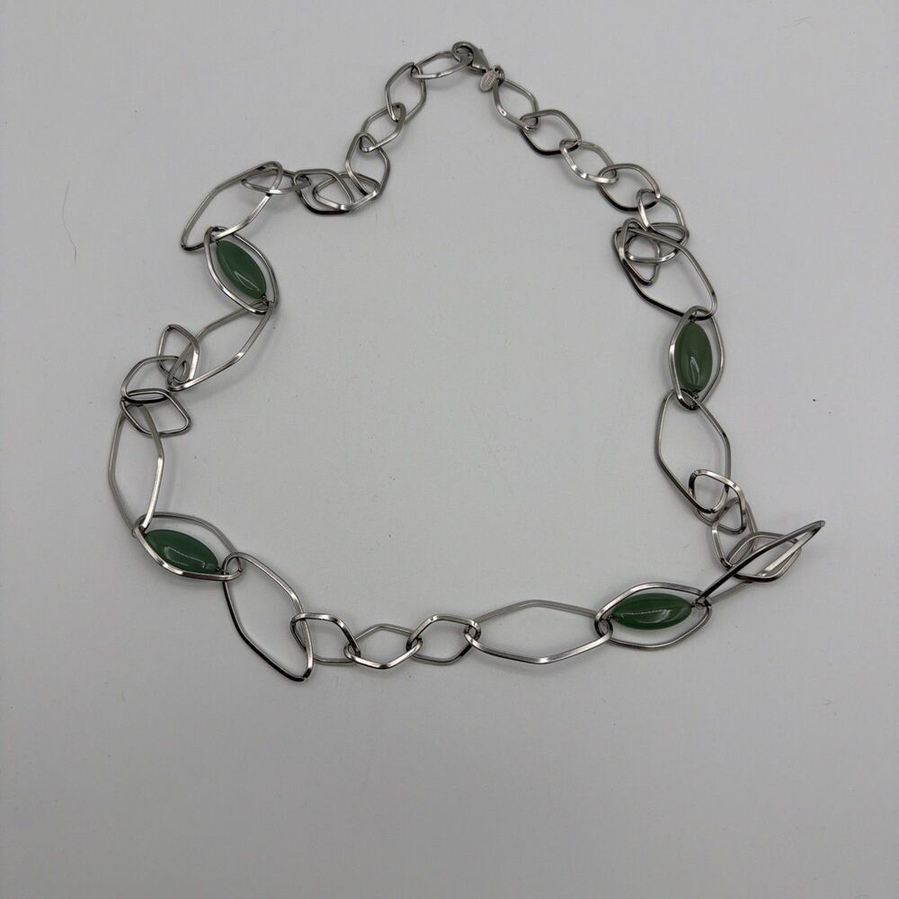 Simona Collini Italy Stainless Steel Green Stone Link Necklace Statement